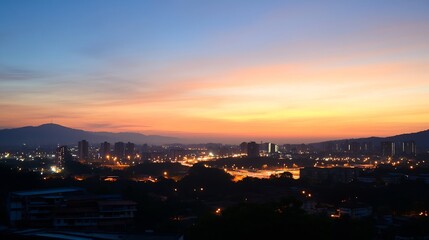 Obraz premium Dramatic Cityscape View at Twilight with Colorful Urban Lights Illuminating the Skyline and Mountains : Generative AI