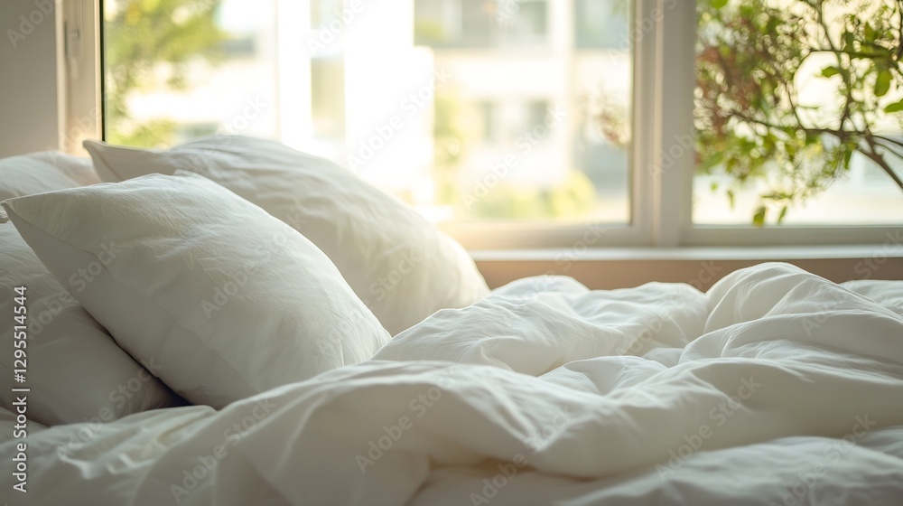 Poster bright and cozy bed scene with soft pillows illuminated by natural light from window : generative ai
