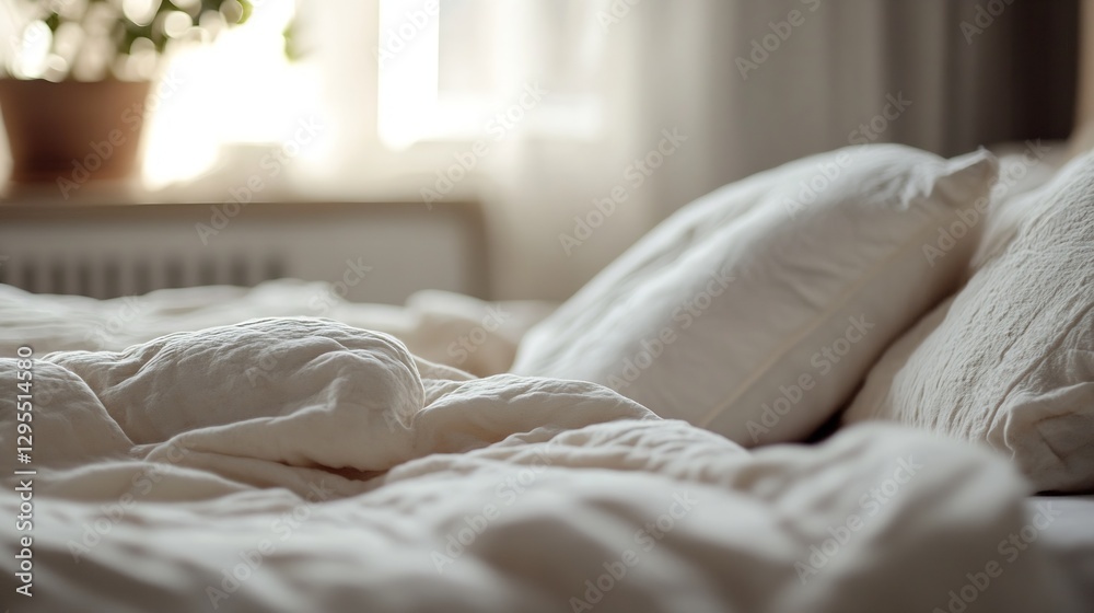 Poster cozy bed with soft blankets and pillows illuminated by natural light : generative ai