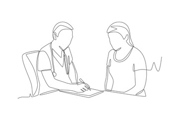 The doctor is guiding the patient to fill out the clinic documents. Filling out clinic paperwork concept one-line drawing