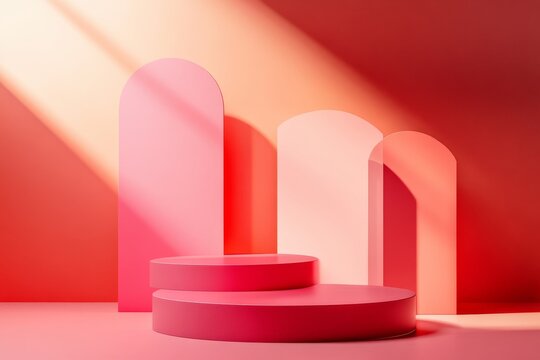 Abstract geometric design with cherry red and pastel pink podiums for e commerce advertising use