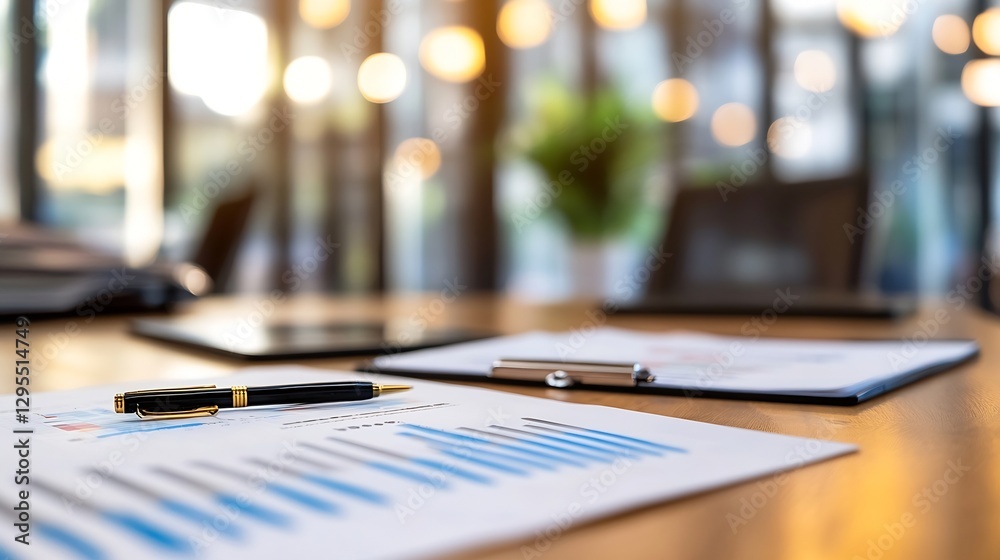 Aufkleber Close up of business documents and charts on table in workplace with pen and tablet : Generative AI