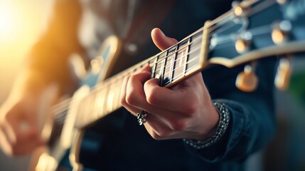 Fototapeta premium Close Up of Guitar Player Strumming Chords with Beautiful Background Light : Generative AI