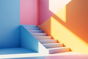 Obraz premium Vibrant 3d geometric shapes and stairs in a minimalist interior with playful light and color