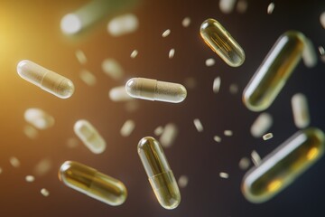 Dynamic motion of pewter green and oat capsules against a deep indigo and mocha gradient background