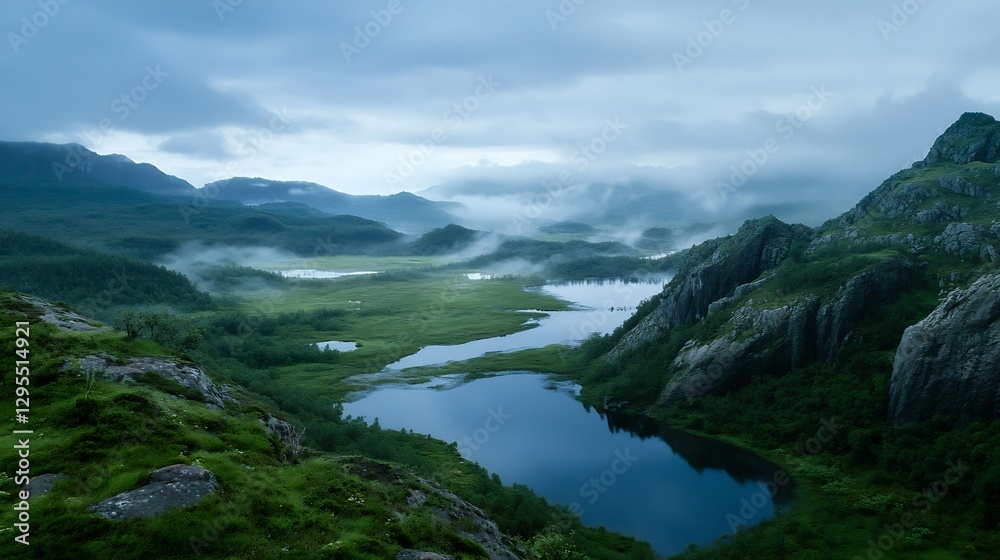 Poster mysterious moody landscape featuring a lush green valley surrounded by rocky mountains under dim clo