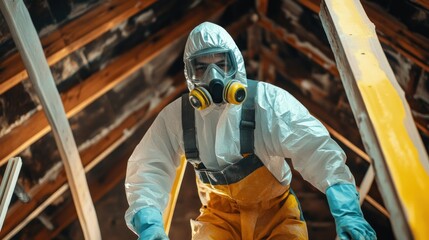 Worker in protective suit inspecting attic for asbestos removal