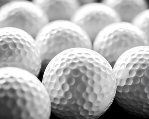 Several white golf balls are arranged in a close up view