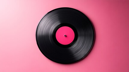 Fototapeta premium A vinyl record with dark grooves set against a bold pink background, embodying a retro vintage music design aesthetic