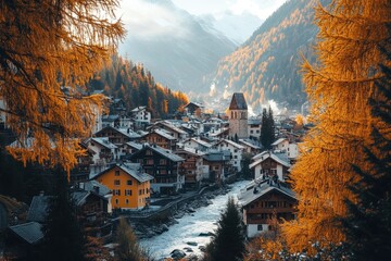 Fototapeta premium Serene alpine village nestled in valley with river flowing through golden autumn trees and snowy mountains peaceful picturesque scene