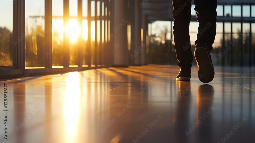 Poster close up of feet walking on a polished floor through large windows during sunset : generative ai