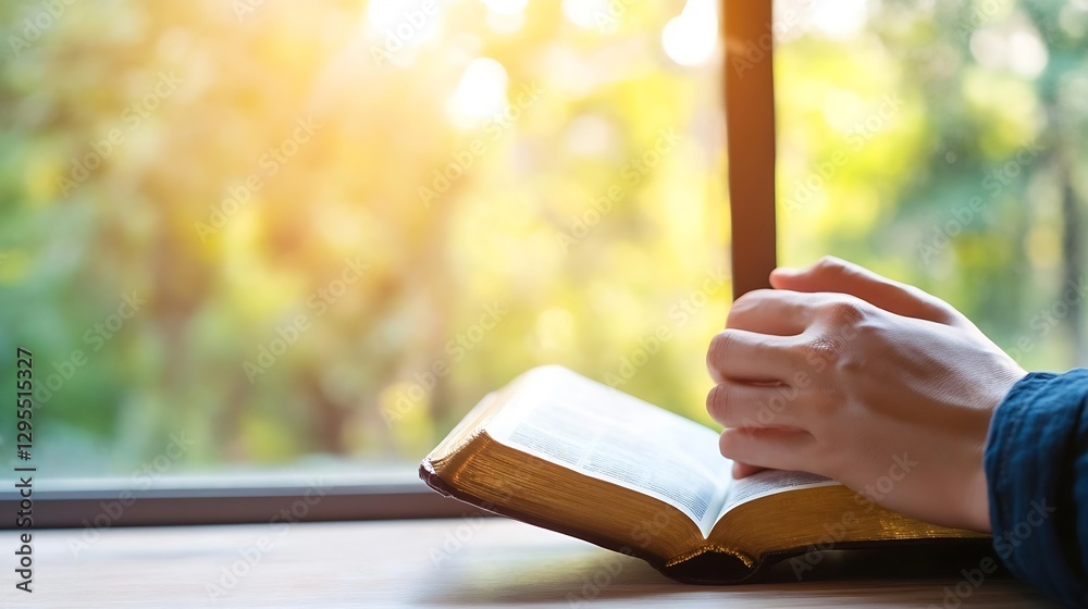 Poster person reading a book by the window with warm natural light streaming in : generative ai