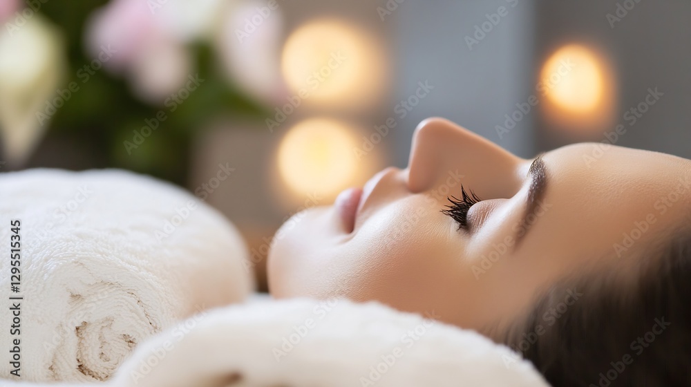 Poster relaxing spa treatment with woman lying on towels and closed eyes in calm setting : generative ai