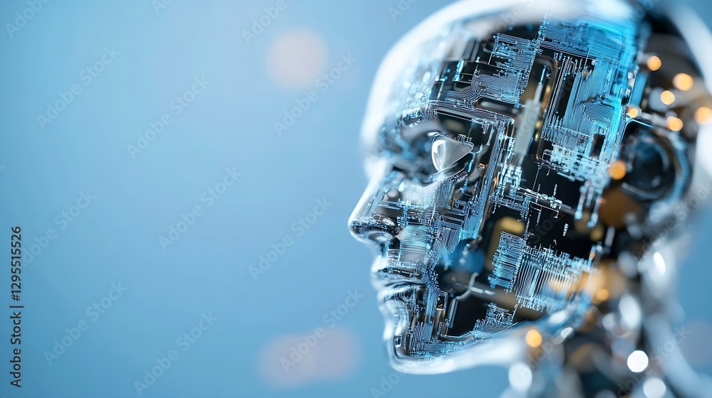 Aufkleber Futuristic human head composed of digital circuitry and technology against a soft blue background : Generative AI