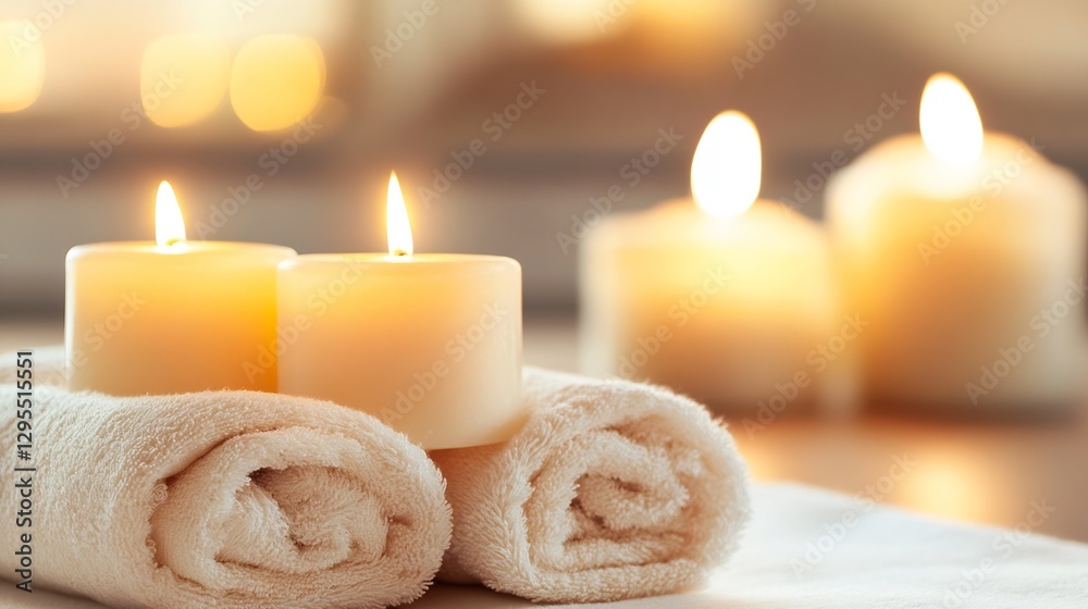 Aufkleber Soothing Spa Candles with Soft Towels on a Relaxing Table Setting : Generative AI