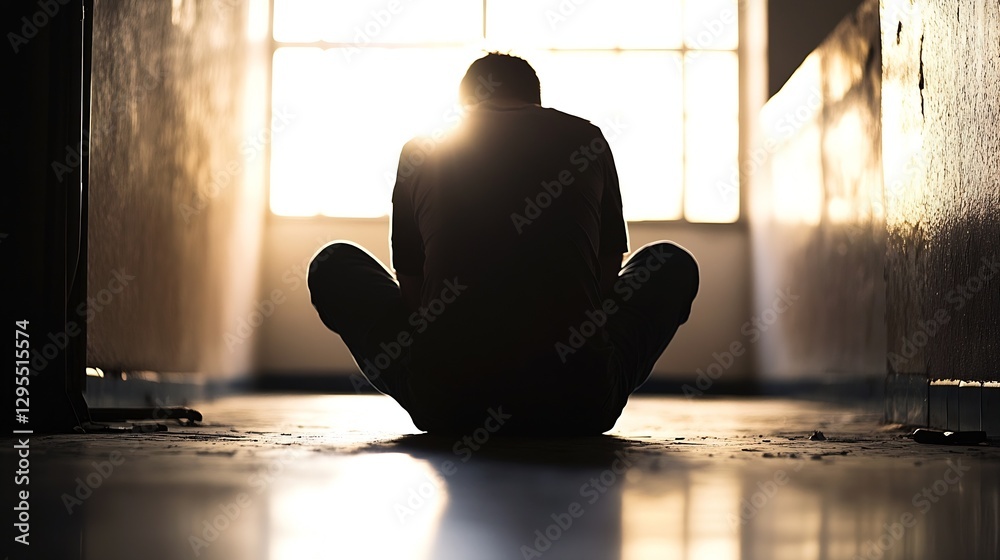 Poster person sitting alone in hallway with sunlight streaming through windows : generative ai