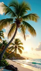 Obraz premium Palm trees sway gently in warm tropical breeze , sandy beach, sunset, palm fronds