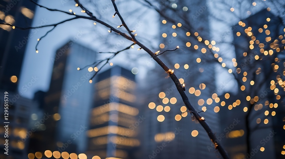 Poster Closeup view of tree branches adorned with glowing fairy lights in an urban setting : Generative AI