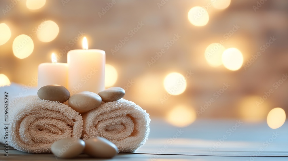 Poster Spa Setting With Candles And Stones Soft Background For Relaxation : Generative AI
