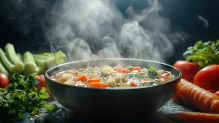 A freshly prepared bowl of hot vegetable soup with steam rising beautifully, showcasing warmth and freshness. Perfect for food blogs, restaurant menus, nutrition concepts, healthy eating promotions, 