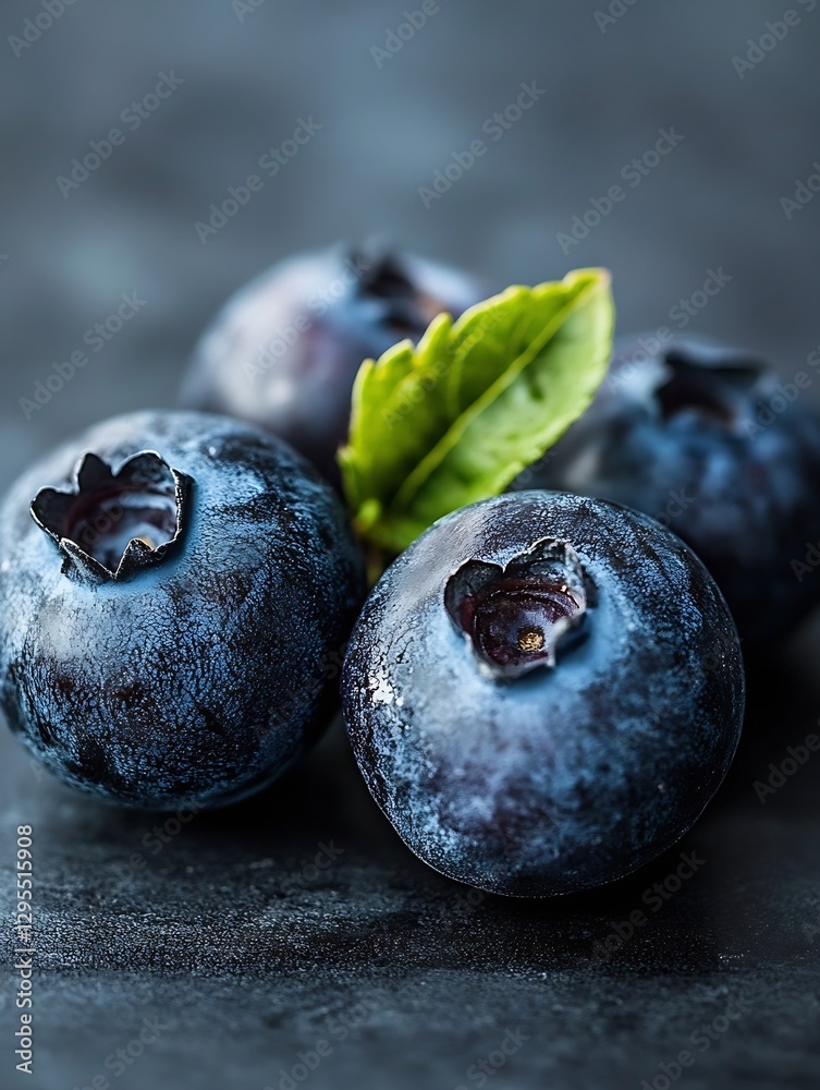 Poster A cluster of ripe blueberries on a dark surface highlighting their rich color and textured skin with a hint of green : Generative AI