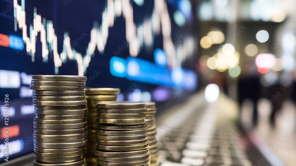 Aufkleber stacks of gold coins in front of a financial graph showcasing market trends and investments : genera