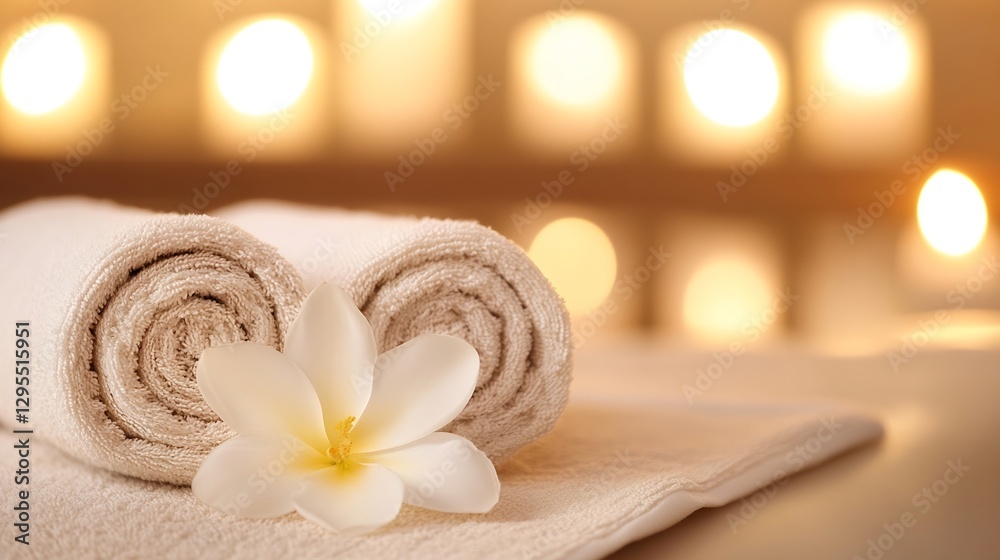 Poster elegant spa towels with flower and soft candlelight background : generative ai