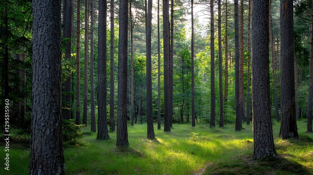 Poster tranquil and lush green forest filled with tall pine trees under soft sunlight : generative ai