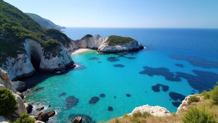 Fototapeta premium A stunning view of Six Mile Cove with turquoise waters, white cliffs, and a secluded sandy beach.