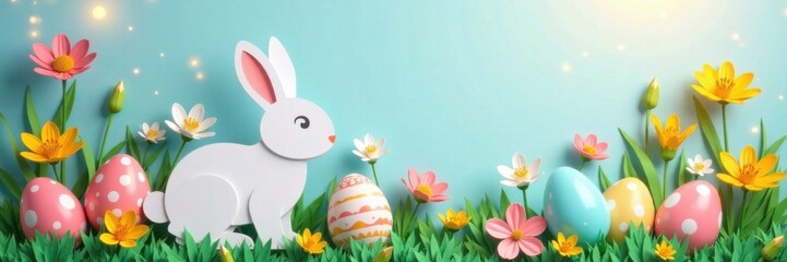 Paper cut rabbit surrounded by Easter eggs and flowers , colorful, flowers, illustration