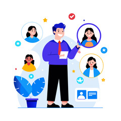 Businessman reviewing candidate profiles in a modern office setting. Smiling HR manager examines potential employees' profiles, highlighting a selection process with a magnifying glass.