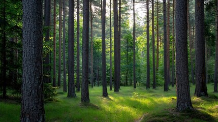 Obraz premium Tranquil and lush green forest filled with tall pine trees under soft sunlight : Generative AI