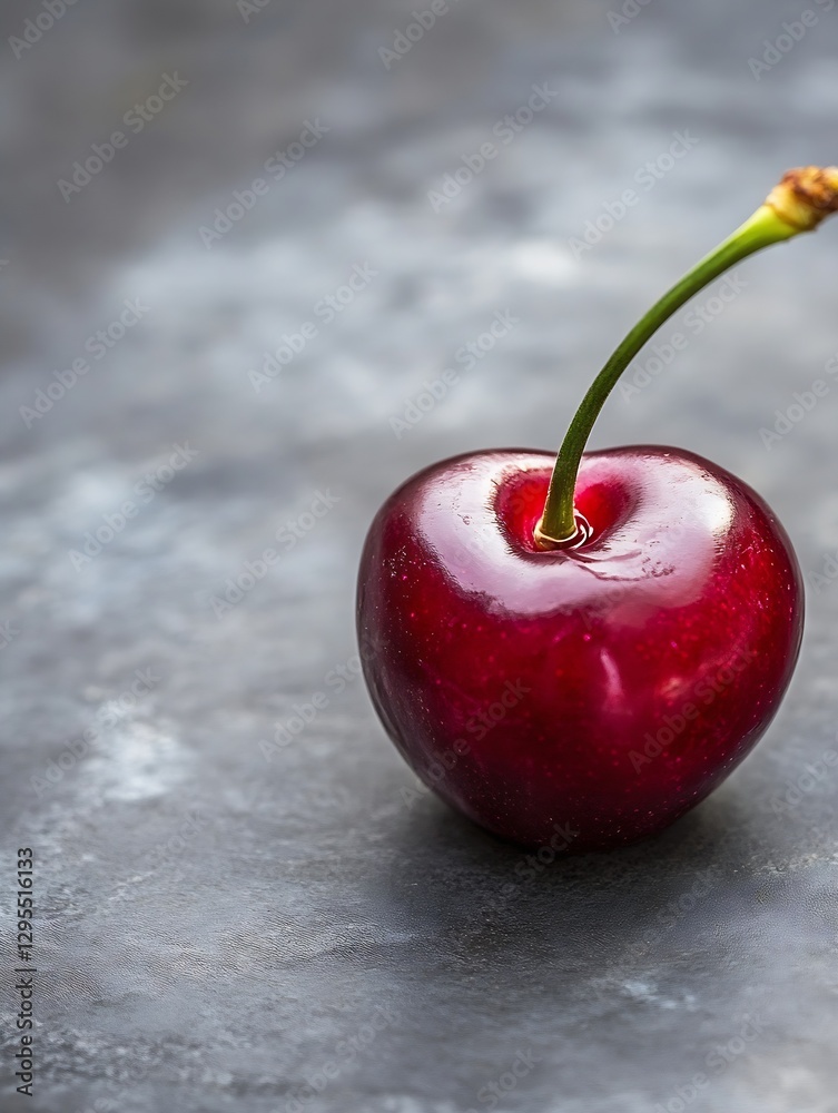 Poster Single ripe cherry displaying its glossy surface and stem against a textured background : Generative AI