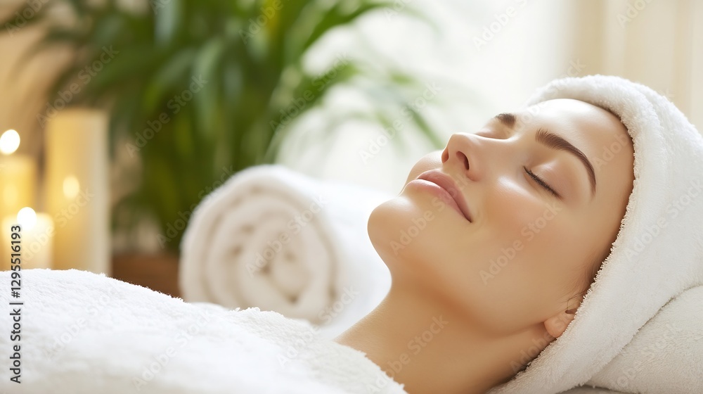 Poster relaxed woman enjoying spa treatment with calm expression and soft towel : generative ai