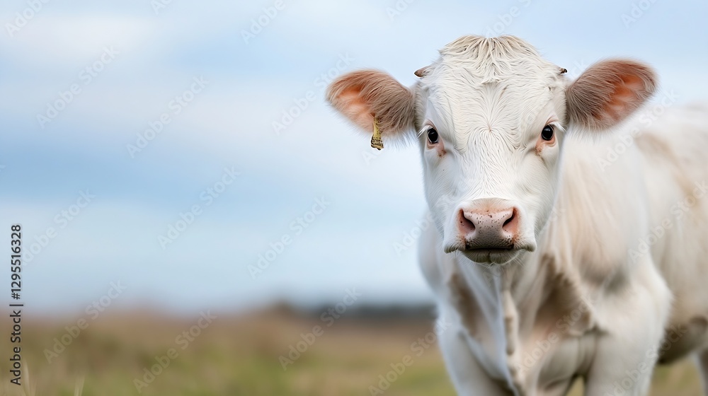 Poster curious white cow looking at the camera in the green field : generative ai