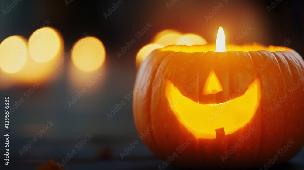 Leinwandbilder glowing jack o lantern with smiling face illuminating surrounding soft bokeh lights : generative ai