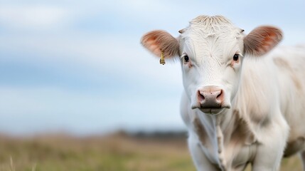 Curious white cow looking at the camera in the green field : Generative AI