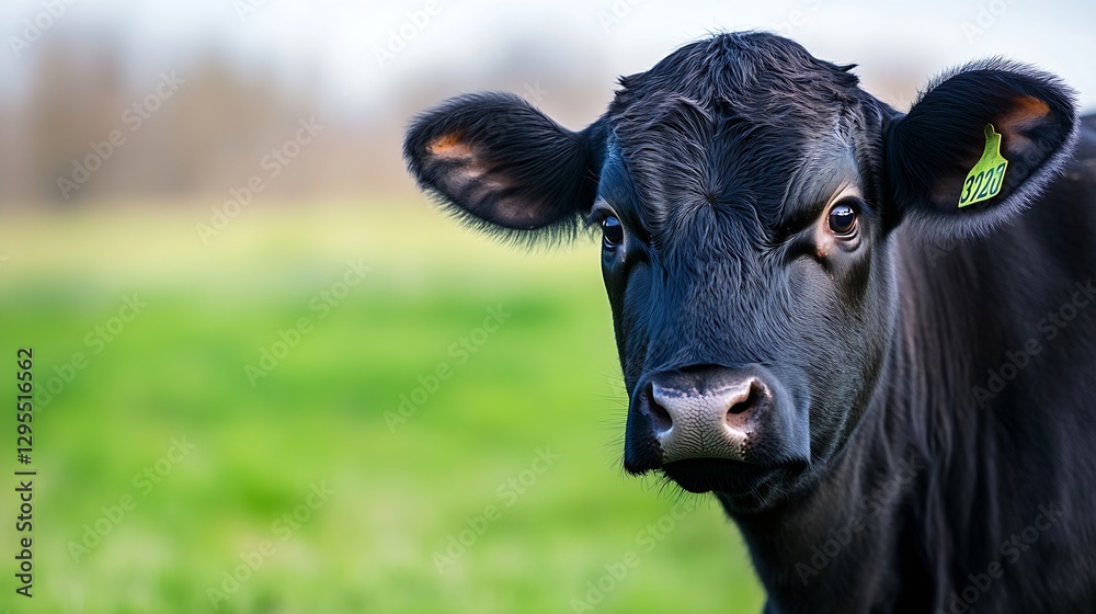 Aufkleber close up of a curious black calf with a tag gazing into the camera in a green grass field : generati