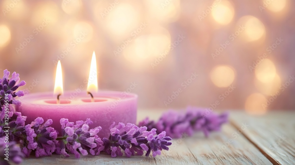 Poster tranquil lavender candle with soft flame surrounded by lavender blooms and a beautiful background : 