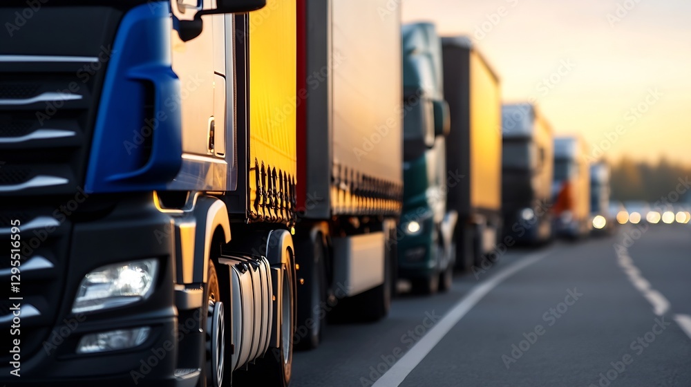 Poster trucks in a row with shimmering sunset light on a highway for transport and logistics themes : gener