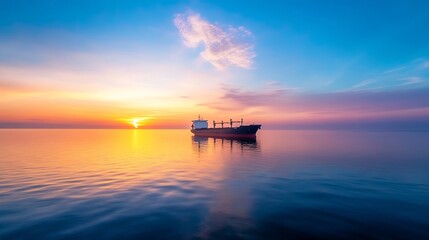 Serene sunset views over calm ocean waters with a silhouetted cargo ship : Generative AI