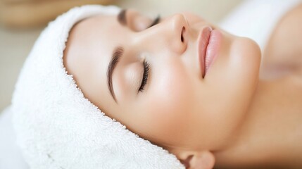 Relaxed Woman Enjoying a Spa Treatment with a Soft Towel and Peaceful Expression : Generative AI