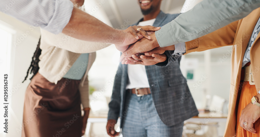 Poster business people, teamwork and hands together for support, commitment or collaboration with success a