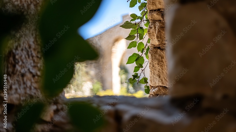 Poster exploring historic ruins framed by lush green vines in soft sunlight : generative ai