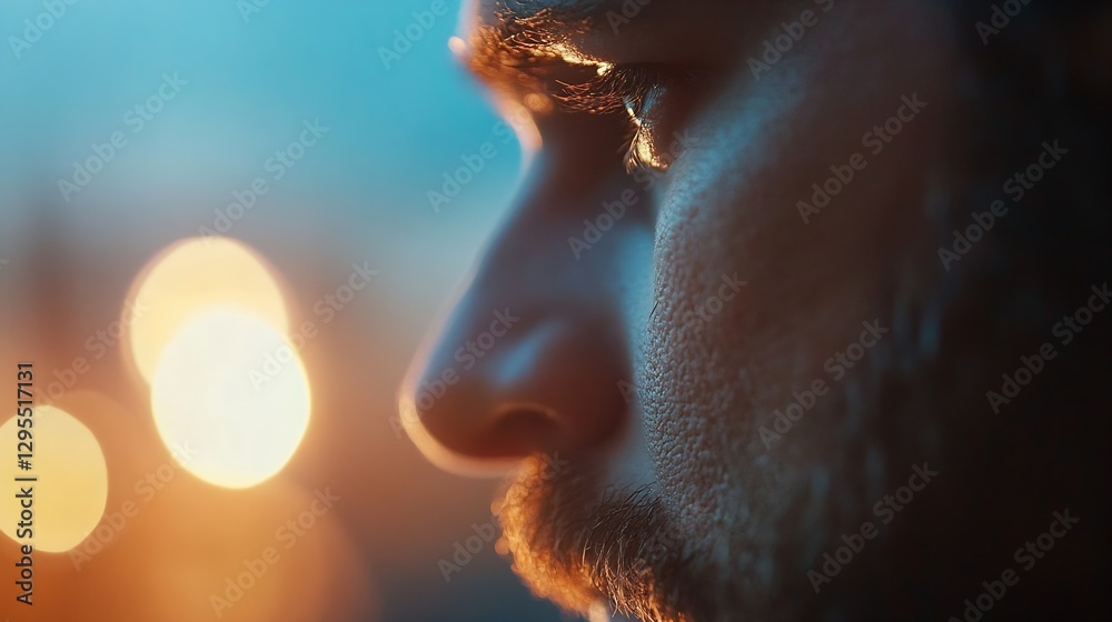 Poster Close Up Profile of a Thoughtful Man with Beautiful Bokeh Background for Emotion : Generative AI