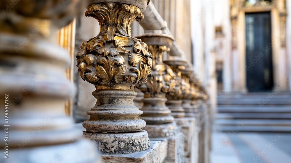 Poster closeup of ornate golden railings with intricate details against a blurred background : generative a