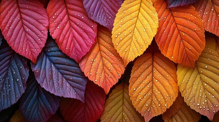 Fototapeta premium Colorful autumn leaves adorned with water droplets cover surface