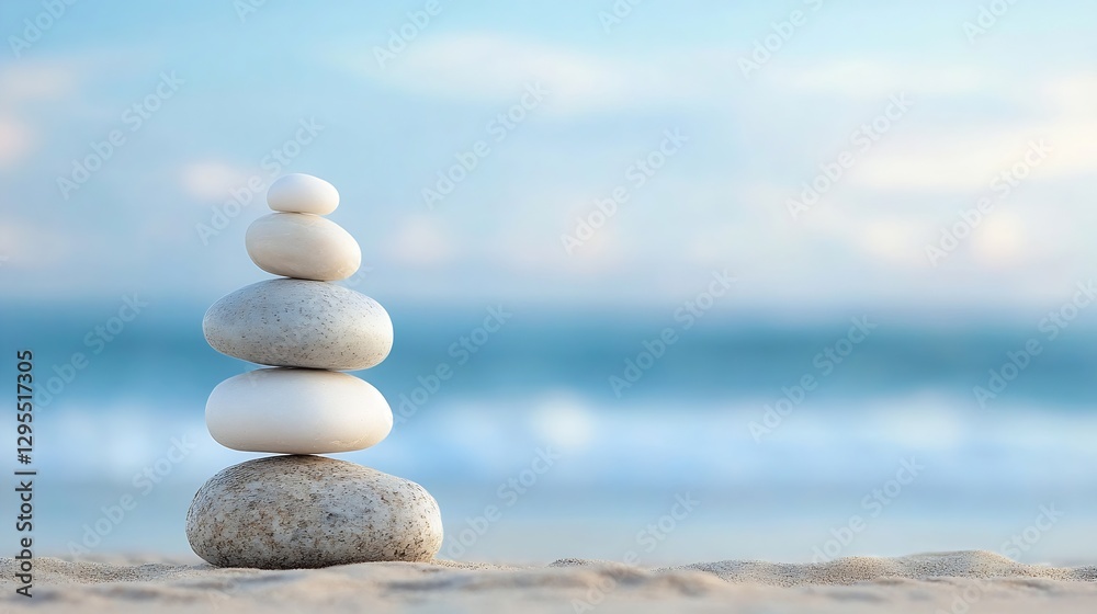 Poster balanced and serene: stacked pebbles on a tranquil beach with ocean waves : generative ai