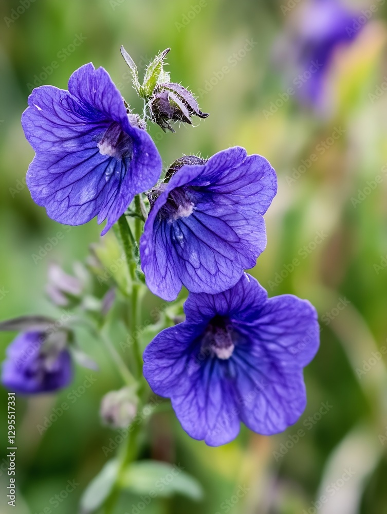 Poster bright purple flowers in a natural setting with vivid colors and intricate details in soft sunlight 