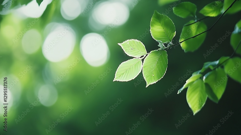 Poster green leaves on a branch with soft blurry background in natural outdoor setting : generative ai